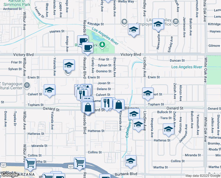 map of restaurants, bars, coffee shops, grocery stores, and more near 18337 Calvert Street in Los Angeles