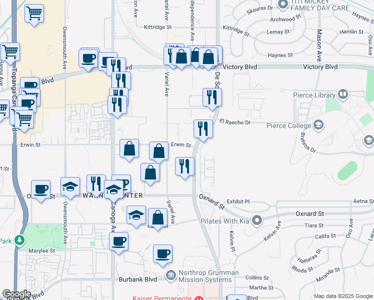 map of restaurants, bars, coffee shops, grocery stores, and more near 6109 De Soto Ave in Los Angeles