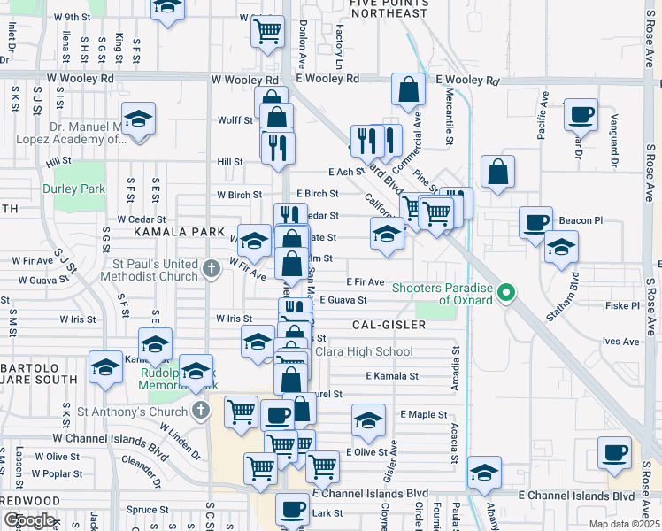 map of restaurants, bars, coffee shops, grocery stores, and more near 255 East Fir Avenue in Oxnard