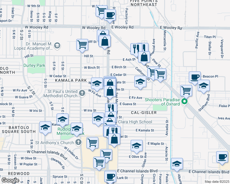 map of restaurants, bars, coffee shops, grocery stores, and more near 1815 San Marino Street in Oxnard