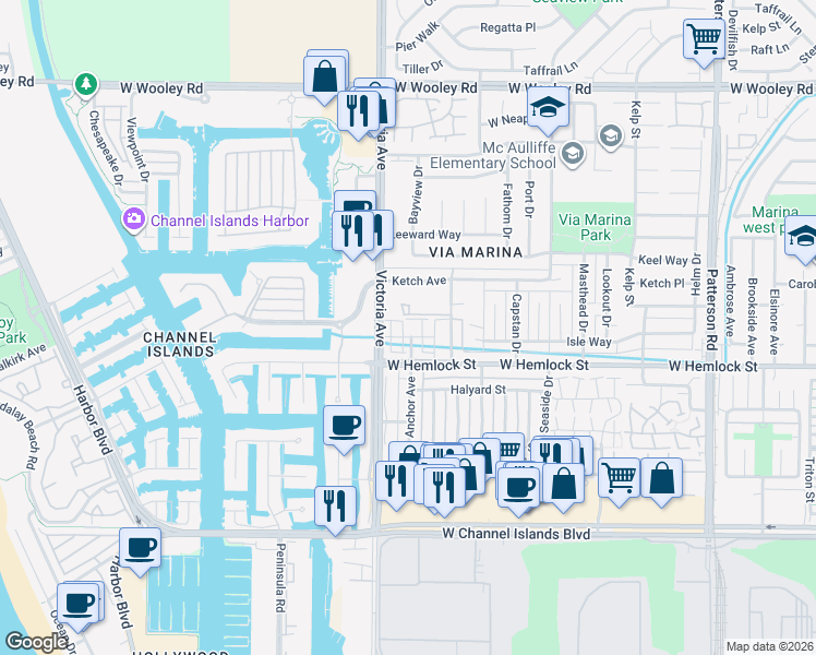 map of restaurants, bars, coffee shops, grocery stores, and more near 3664 Islander Walk in Oxnard