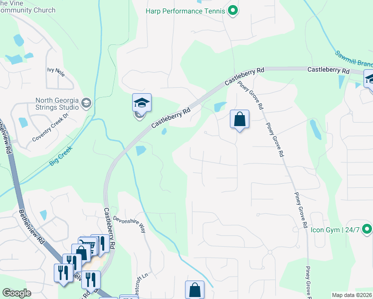 map of restaurants, bars, coffee shops, grocery stores, and more near 5485 Kings Hill Drive in Cumming
