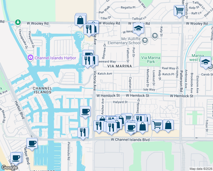 map of restaurants, bars, coffee shops, grocery stores, and more near 3664 Islander Walk in Oxnard