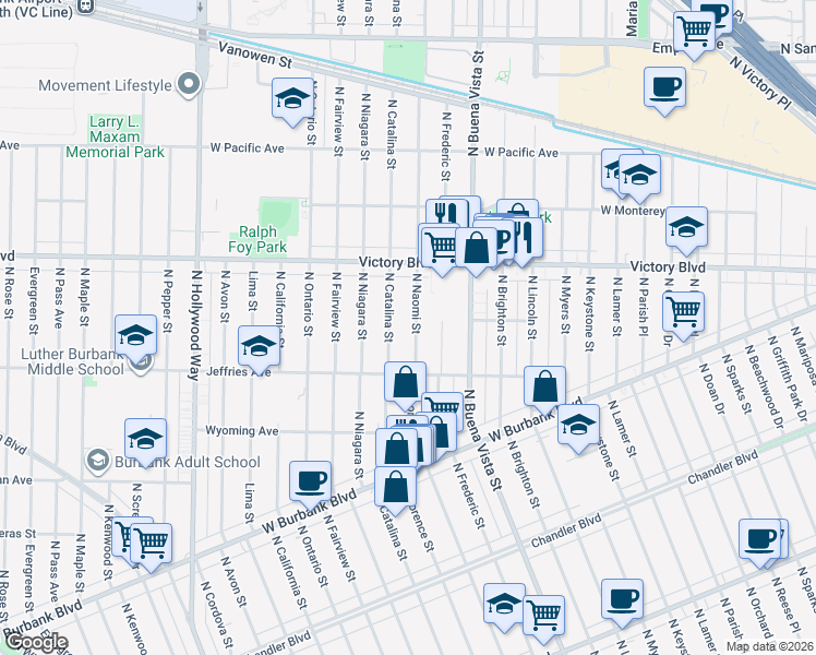 map of restaurants, bars, coffee shops, grocery stores, and more near 1429 North Naomi Street in Burbank