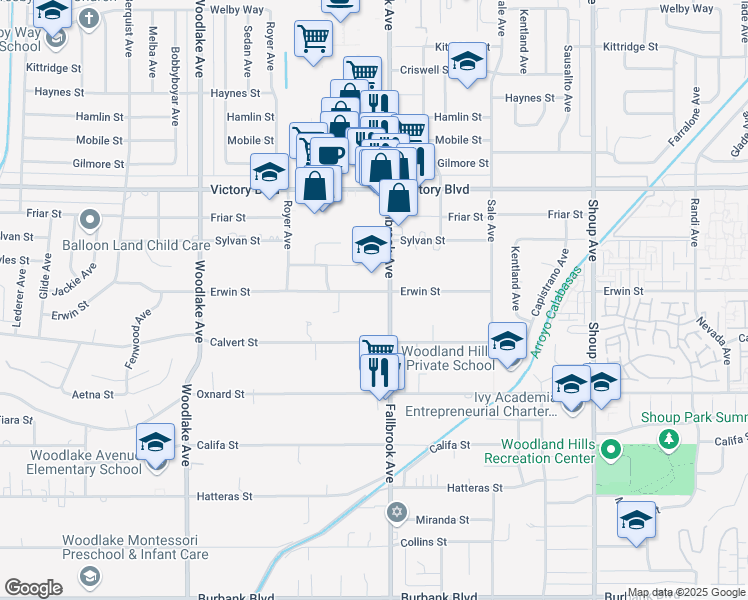 map of restaurants, bars, coffee shops, grocery stores, and more near 22816 Erwin Street in Los Angeles