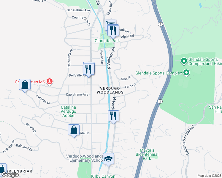 map of restaurants, bars, coffee shops, grocery stores, and more near 1765 Fern Lane in Glendale