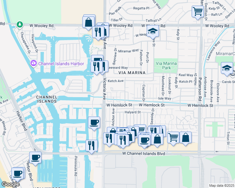 map of restaurants, bars, coffee shops, grocery stores, and more near 3661 Islander Walk in Oxnard