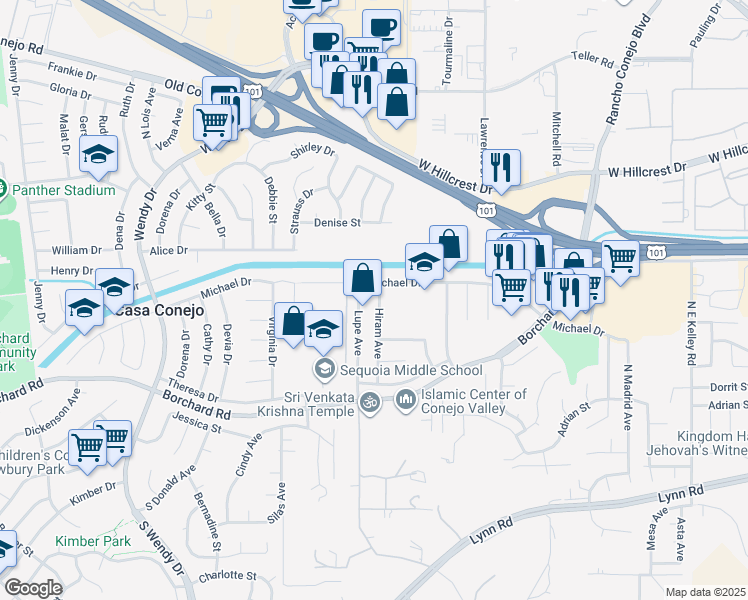 map of restaurants, bars, coffee shops, grocery stores, and more near 291 Hiram Avenue in Thousand Oaks