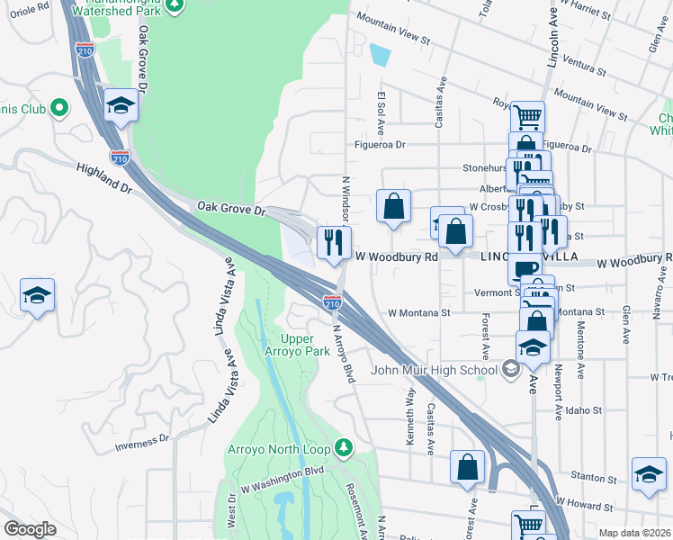 map of restaurants, bars, coffee shops, grocery stores, and more near 2143 North Windsor Avenue in Altadena