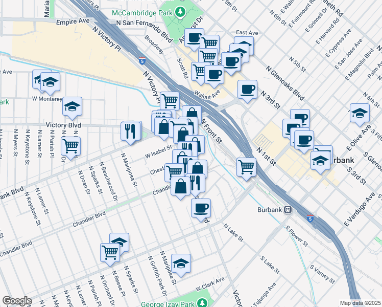 map of restaurants, bars, coffee shops, grocery stores, and more near 736 North Victory Boulevard in Burbank
