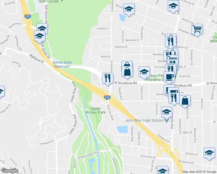 map of restaurants, bars, coffee shops, grocery stores, and more near 2143 North Windsor Avenue in Altadena