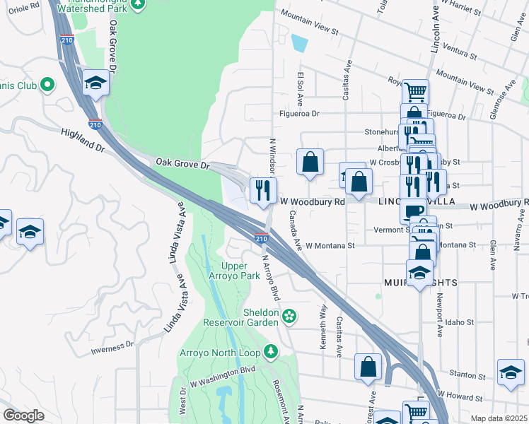 map of restaurants, bars, coffee shops, grocery stores, and more near 2122 North Windsor Avenue in Altadena