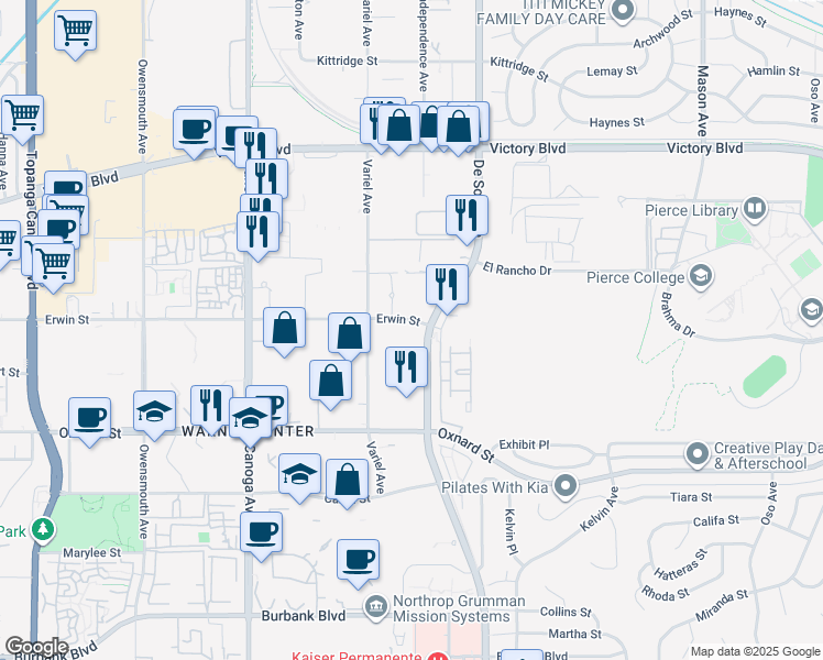 map of restaurants, bars, coffee shops, grocery stores, and more near 21010 Erwin Street in Los Angeles