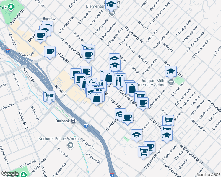 map of restaurants, bars, coffee shops, grocery stores, and more near 327 East Angeleno Avenue in Burbank
