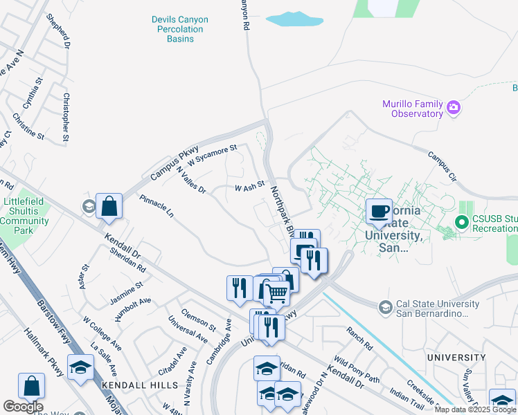 map of restaurants, bars, coffee shops, grocery stores, and more near 5487 North Valles Drive in San Bernardino