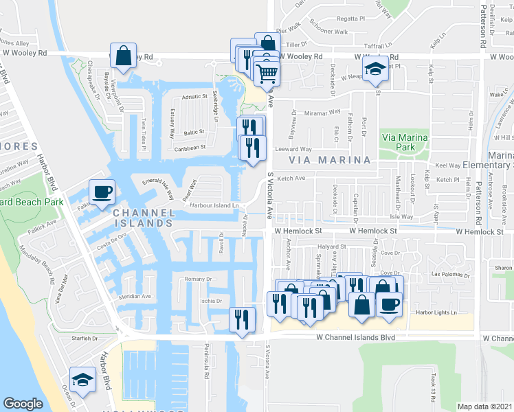 map of restaurants, bars, coffee shops, grocery stores, and more near in Oxnard