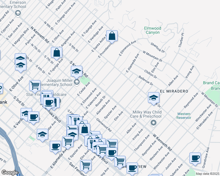 map of restaurants, bars, coffee shops, grocery stores, and more near 820 East Valencia Avenue in Burbank