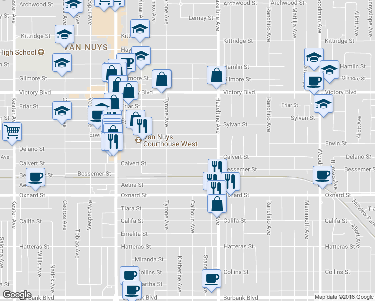 map of restaurants, bars, coffee shops, grocery stores, and more near 14223 Calvert Street in Los Angeles