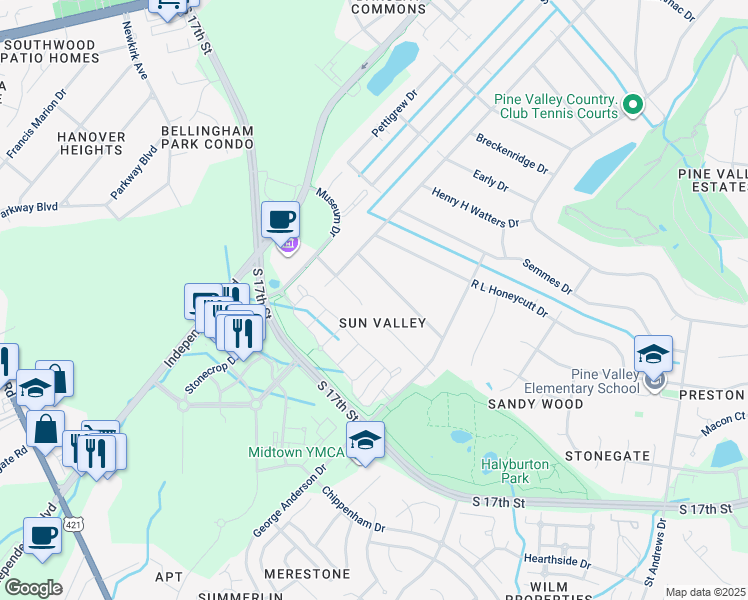 map of restaurants, bars, coffee shops, grocery stores, and more near 2311 Charles Paine Drive in Wilmington