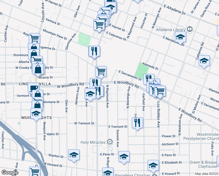 map of restaurants, bars, coffee shops, grocery stores, and more near 2104 North Raymond Avenue in Altadena