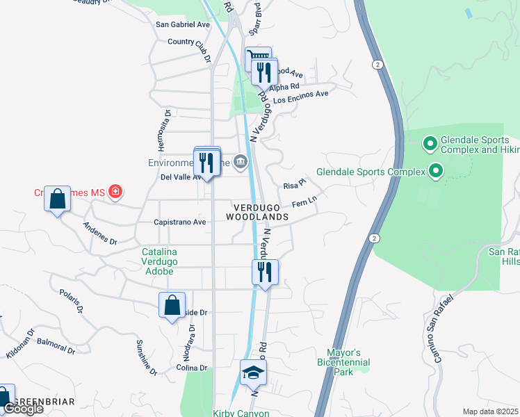 map of restaurants, bars, coffee shops, grocery stores, and more near 1765 Fern Lane in Glendale
