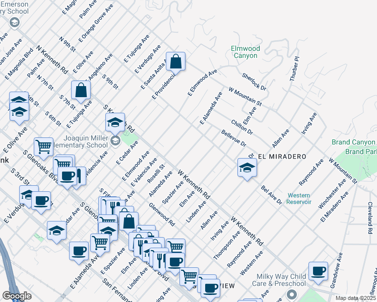 map of restaurants, bars, coffee shops, grocery stores, and more near 1341 Alameda Avenue in Glendale