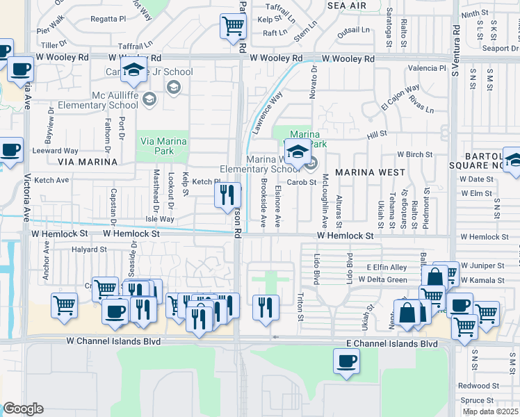 map of restaurants, bars, coffee shops, grocery stores, and more near 1735 Brookside Avenue in Oxnard