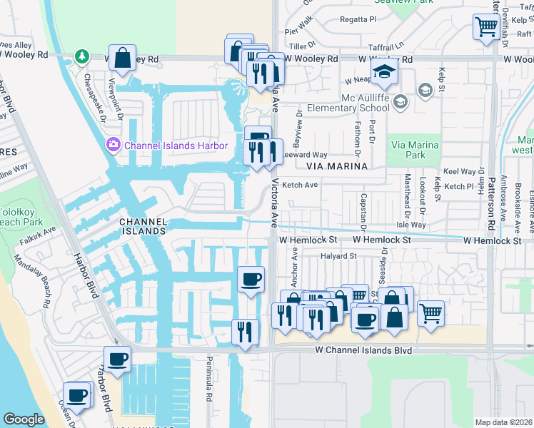 map of restaurants, bars, coffee shops, grocery stores, and more near 1901 Victoria Avenue in Oxnard