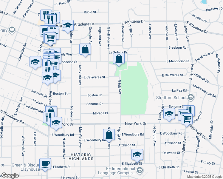 map of restaurants, bars, coffee shops, grocery stores, and more near 1337 Boston Street in Altadena