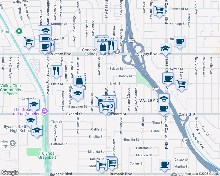 map of restaurants, bars, coffee shops, grocery stores, and more near 6144 Whitsett Avenue in Los Angeles