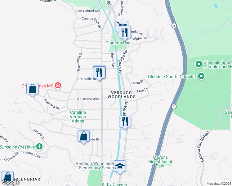 map of restaurants, bars, coffee shops, grocery stores, and more near 2400 Sylvan Lane in Glendale