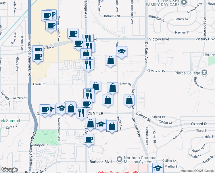 map of restaurants, bars, coffee shops, grocery stores, and more near 21200 Erwin Street in Los Angeles