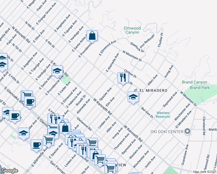 map of restaurants, bars, coffee shops, grocery stores, and more near 1350 Spazier Avenue in Glendale