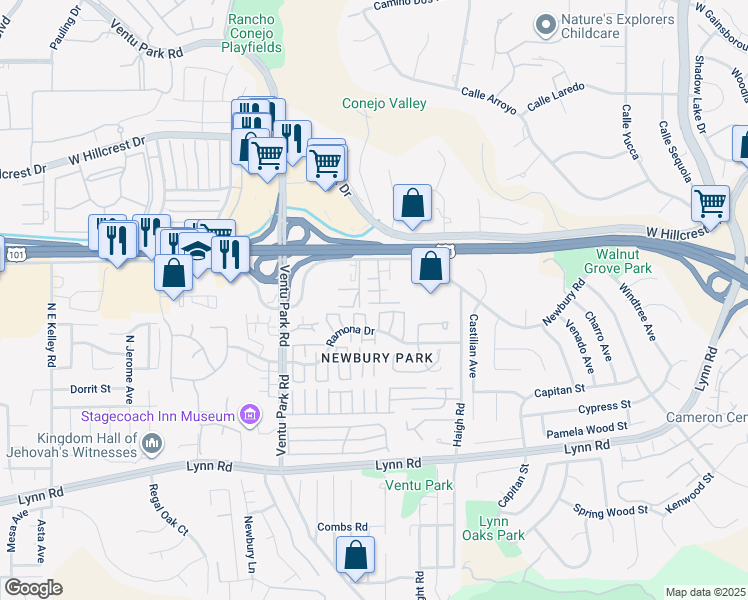map of restaurants, bars, coffee shops, grocery stores, and more near 1200 Newbury Road in Thousand Oaks