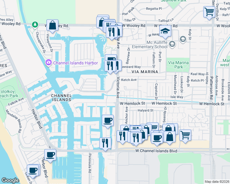 map of restaurants, bars, coffee shops, grocery stores, and more near 1901 Victoria Avenue in Oxnard
