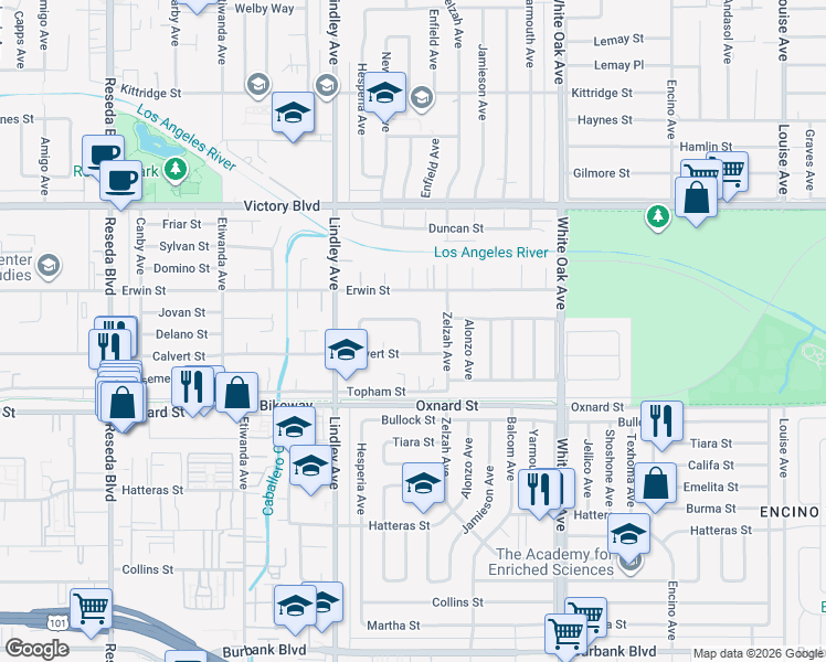 map of restaurants, bars, coffee shops, grocery stores, and more near 6223 Enfield Avenue in Los Angeles
