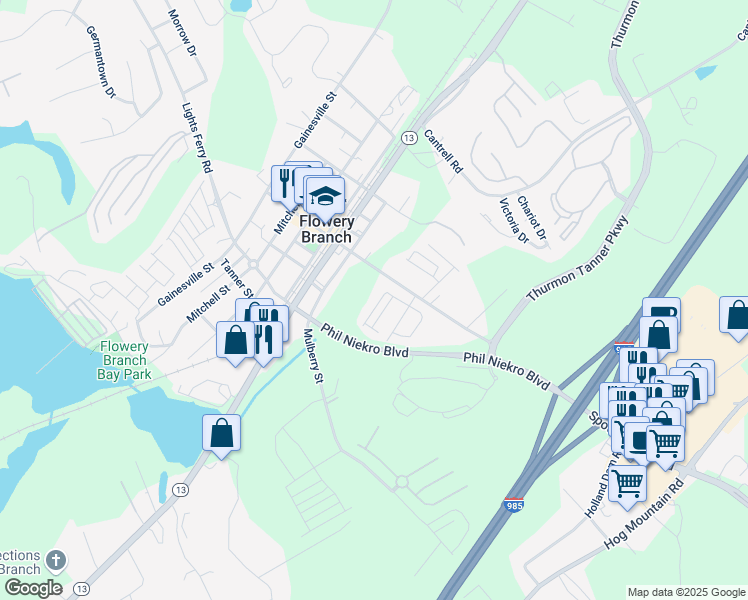map of restaurants, bars, coffee shops, grocery stores, and more near 5446 Railway Lane in Flowery Branch
