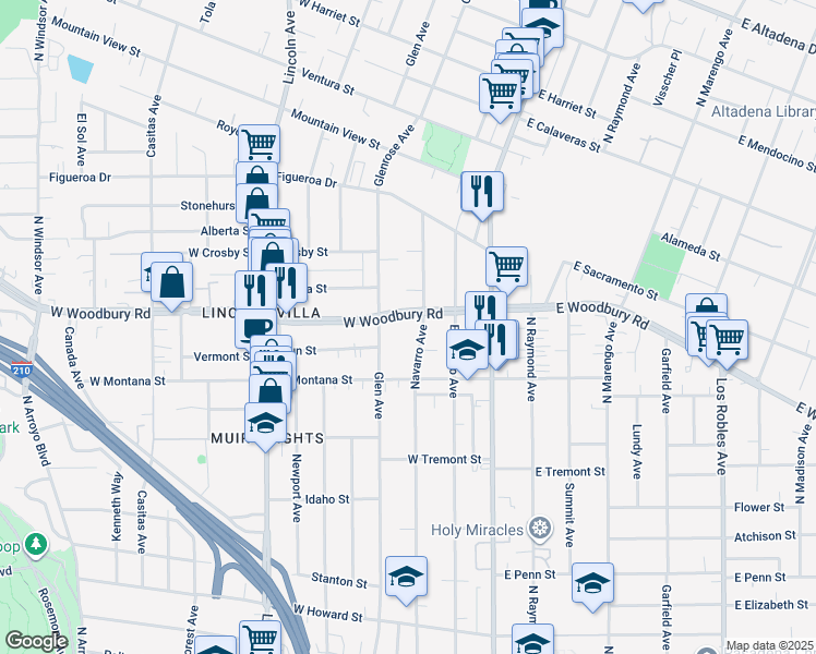 map of restaurants, bars, coffee shops, grocery stores, and more near 2116 Navarro Avenue in Altadena