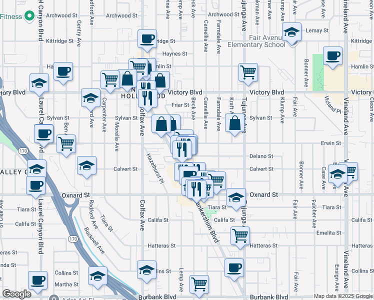 map of restaurants, bars, coffee shops, grocery stores, and more near 6060 Lankershim Boulevard in Los Angeles
