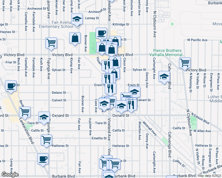 map of restaurants, bars, coffee shops, grocery stores, and more near 6138 Vineland Avenue in Los Angeles