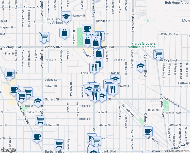 map of restaurants, bars, coffee shops, grocery stores, and more near 6138 Vineland Avenue in Los Angeles