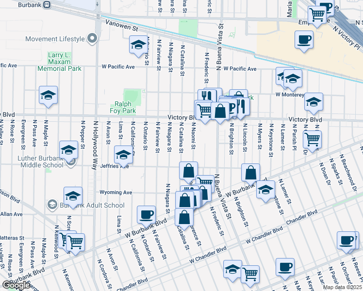 map of restaurants, bars, coffee shops, grocery stores, and more near 1501 North Catalina Street in Burbank