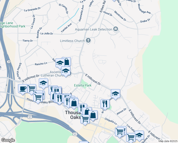 map of restaurants, bars, coffee shops, grocery stores, and more near 1785 East Hillcrest Drive in Thousand Oaks