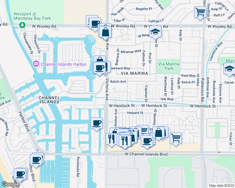 map of restaurants, bars, coffee shops, grocery stores, and more near 3711 Islander Walk in Oxnard