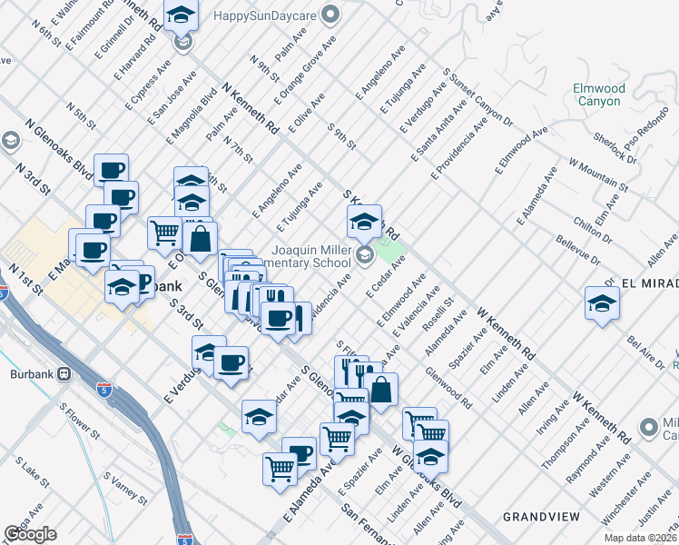 map of restaurants, bars, coffee shops, grocery stores, and more near 615 East Providencia Avenue in Burbank