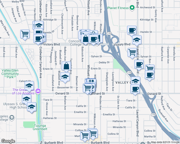 map of restaurants, bars, coffee shops, grocery stores, and more near 6144 Whitsett Avenue in Los Angeles