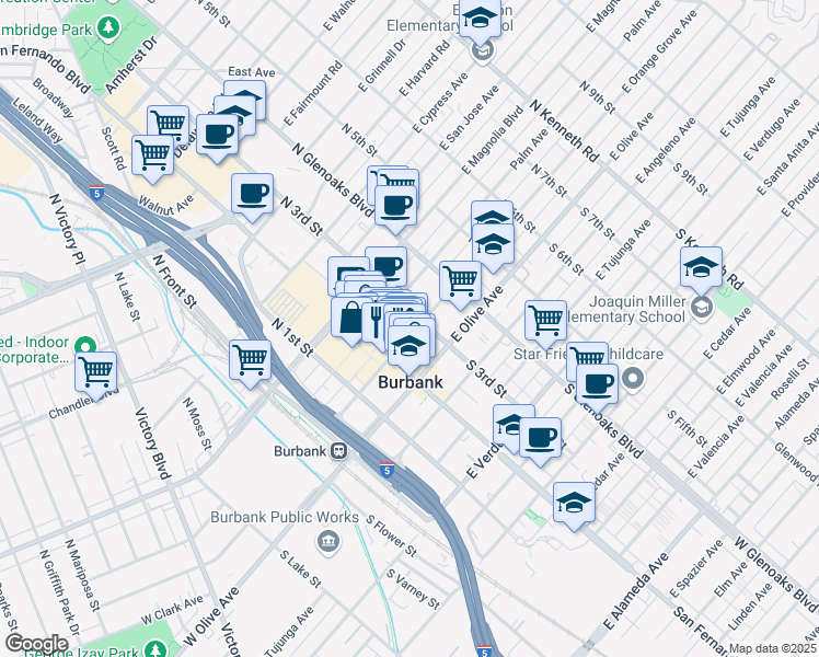 map of restaurants, bars, coffee shops, grocery stores, and more near 220 North San Fernando Boulevard in Burbank