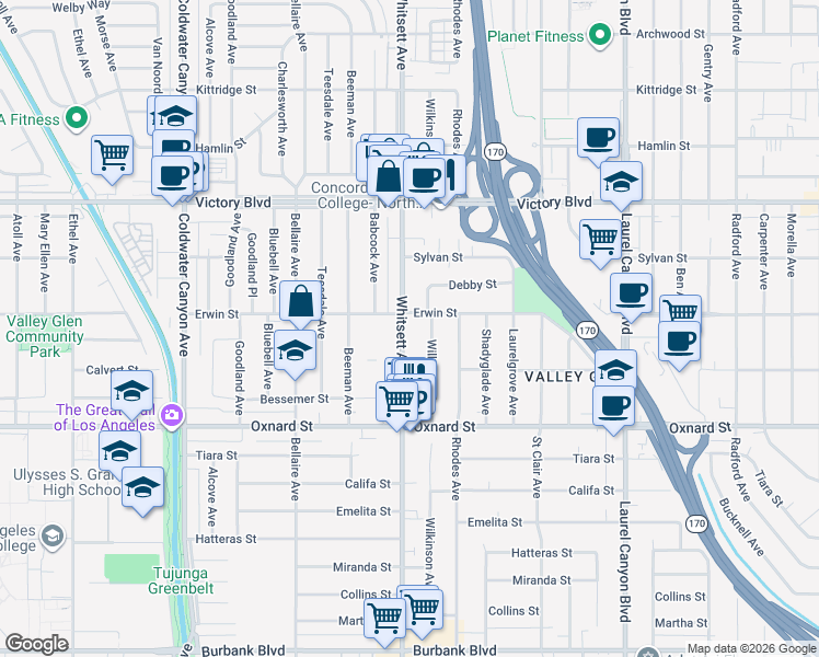 map of restaurants, bars, coffee shops, grocery stores, and more near 6125 Whitsett Avenue in Los Angeles