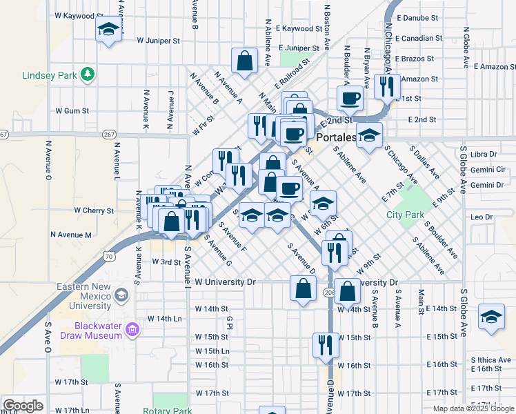 map of restaurants, bars, coffee shops, grocery stores, and more near 321 South Avenue D in Portales