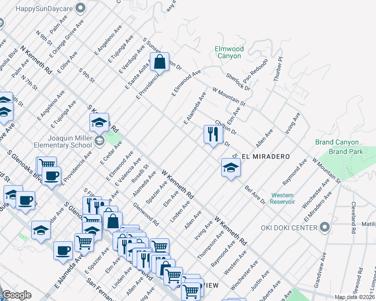 map of restaurants, bars, coffee shops, grocery stores, and more near 1350 Spazier Avenue in Glendale